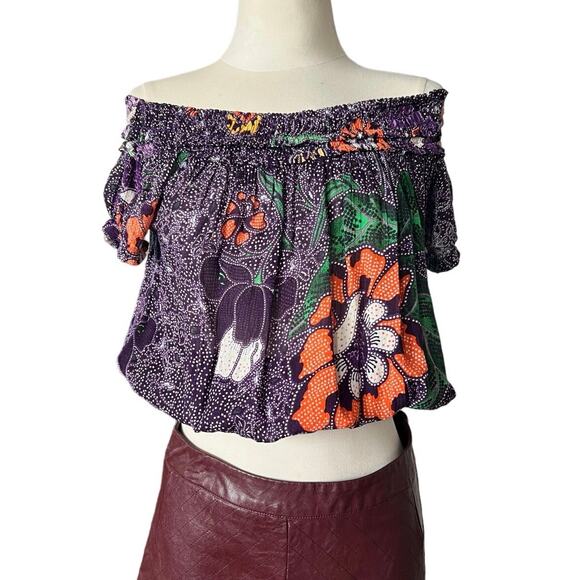 Free People FP One Suki Purple Floral Off Shoulder Cropped Blouson Top XS - Picture 1 of 7